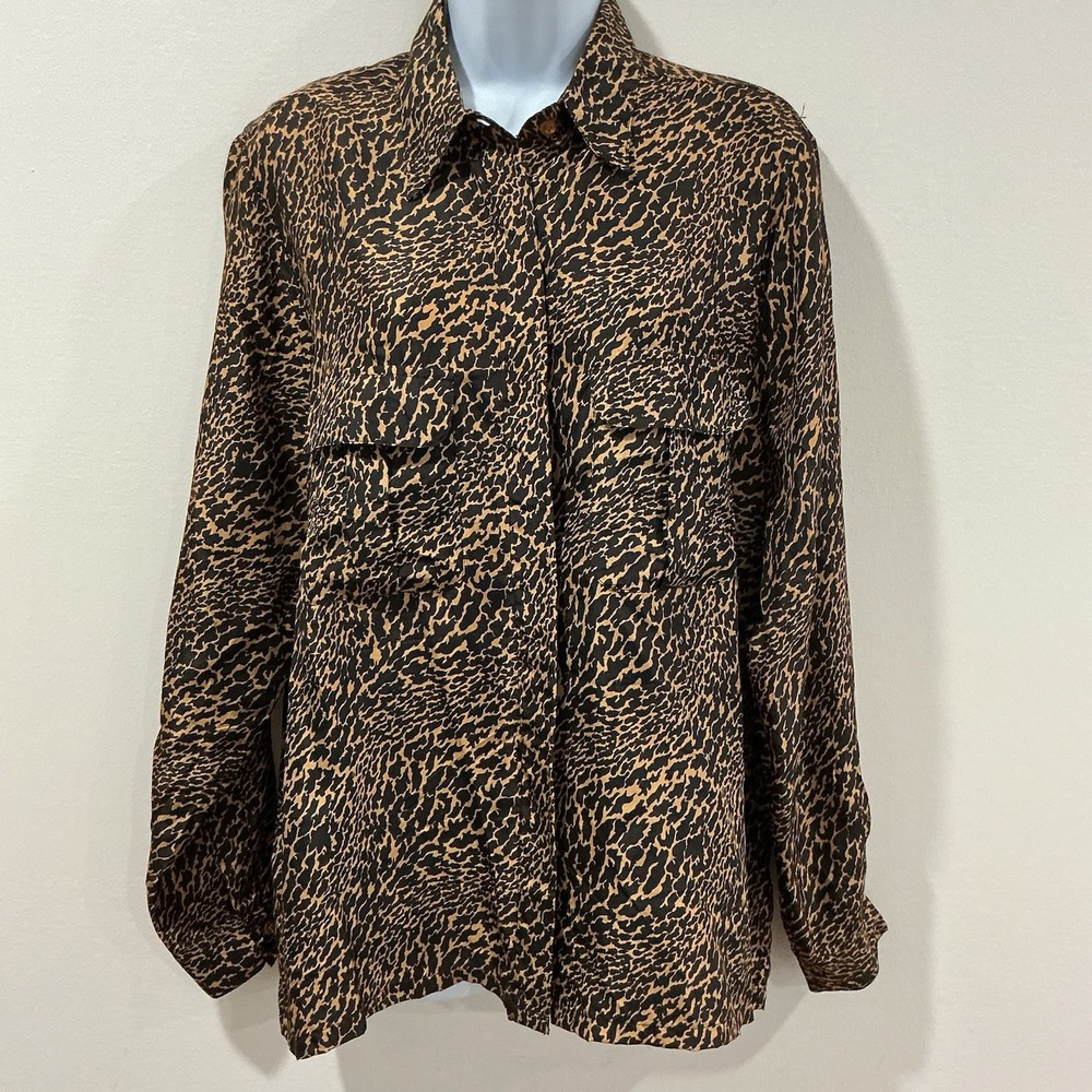 Royal Silk Vintage 100% Silk Long Sleeve Button Up Blouse Animal Print Size 12